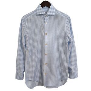 Kiton Napoli Men’s Dress Shirt 15.5 Blue White Gingham Check 100% Cotton Luxury